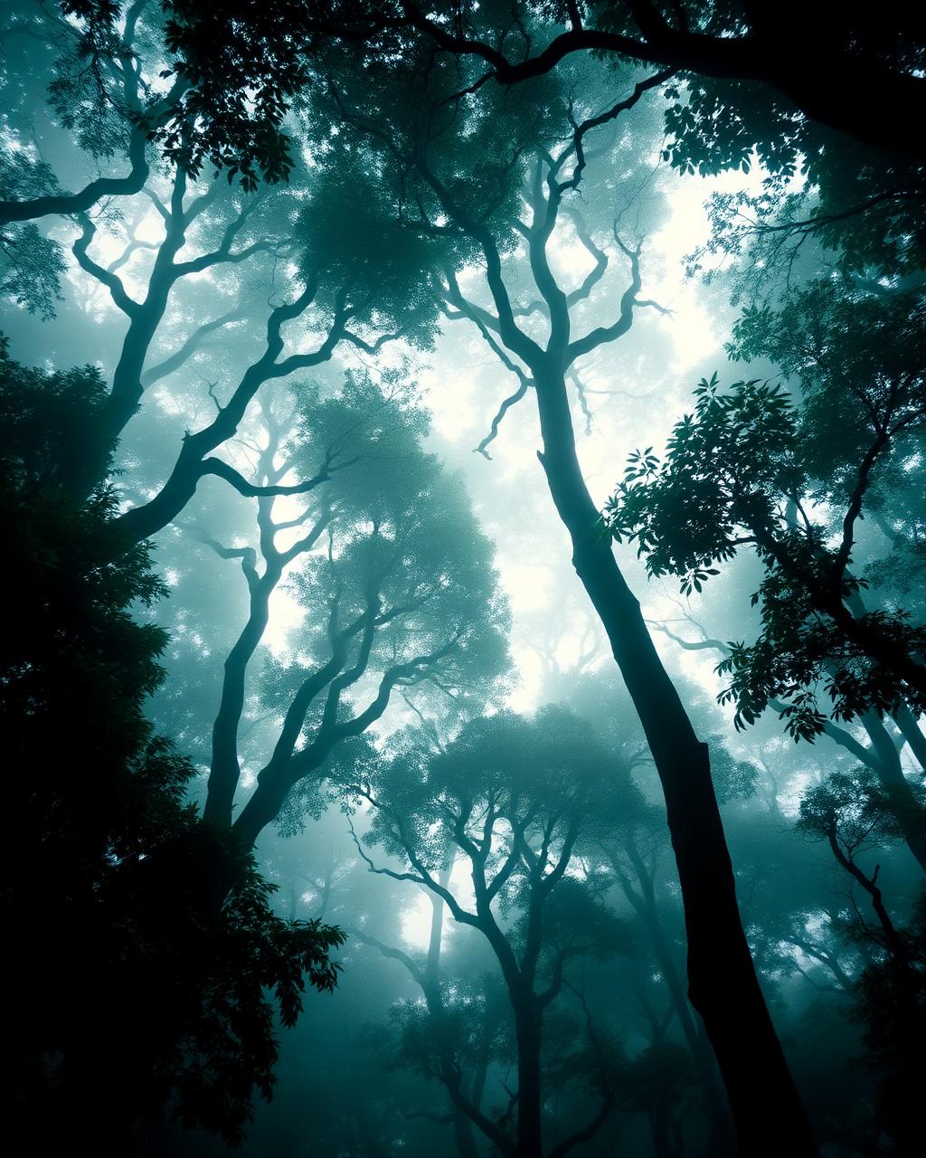 Mist moving through a moss-covered cloud forest canopy
