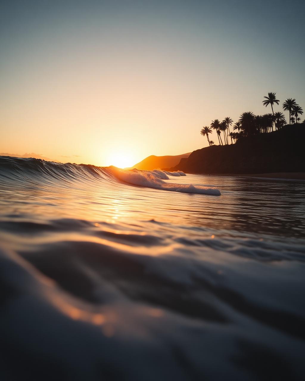 Long Pacific swell breaking at sunset