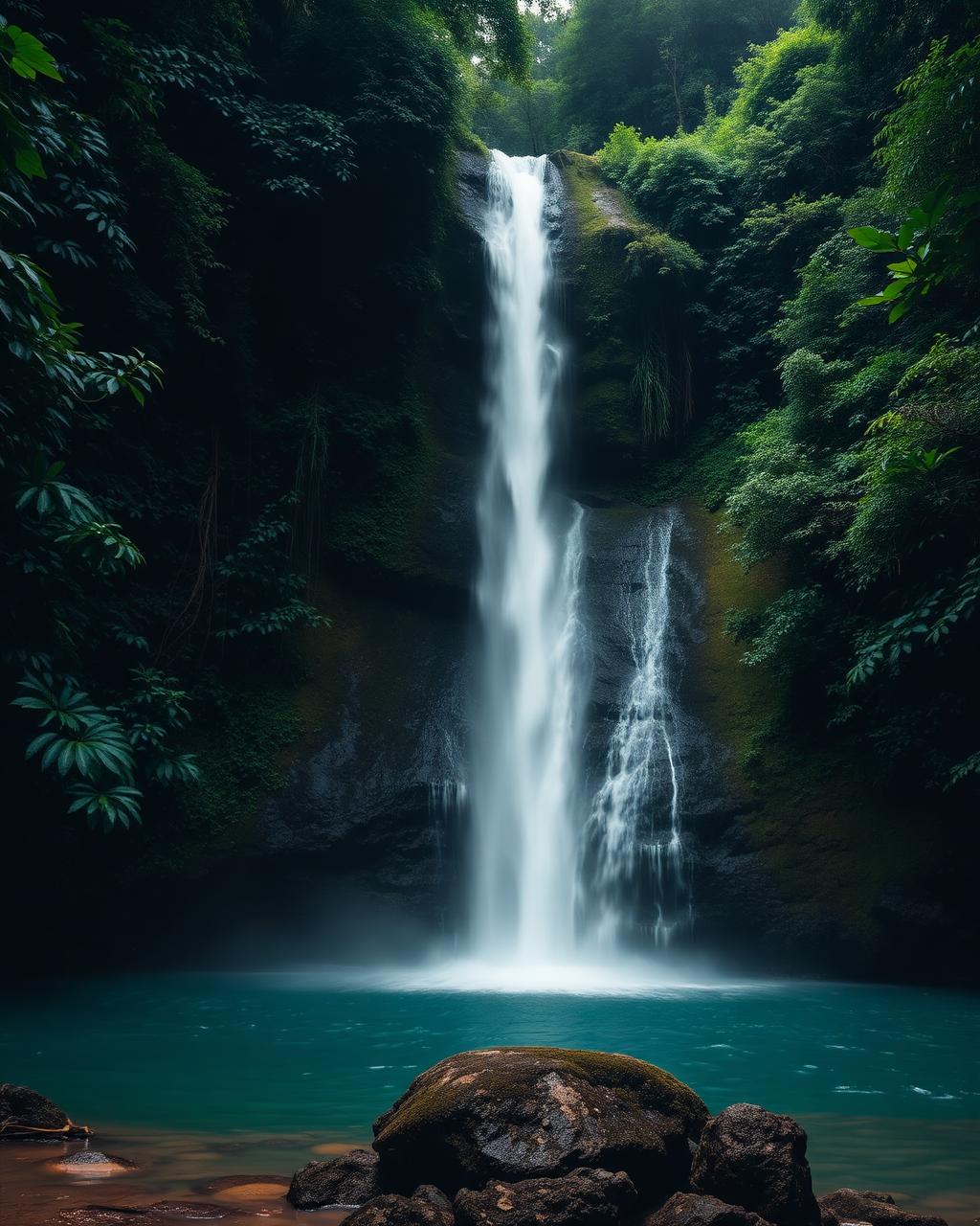 Turquoise river water falling through untouched forest